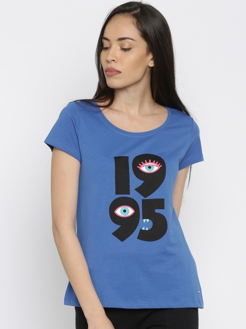 

ONLY Women Blue Printed Round Neck T-shirt
