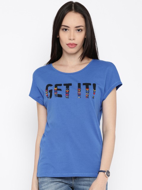 

ONLY Women Blue Printed Round Neck T-shirt