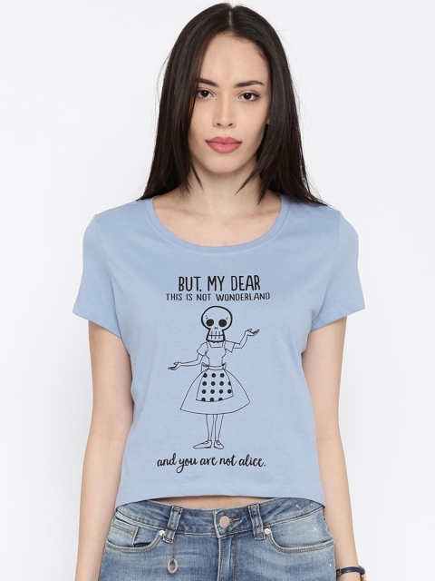 

ONLY Women Blue Printed Round Neck Crop T-shirt