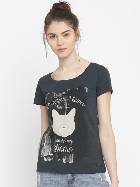 

ONLY Women Charcoal Grey Printed T-shirt