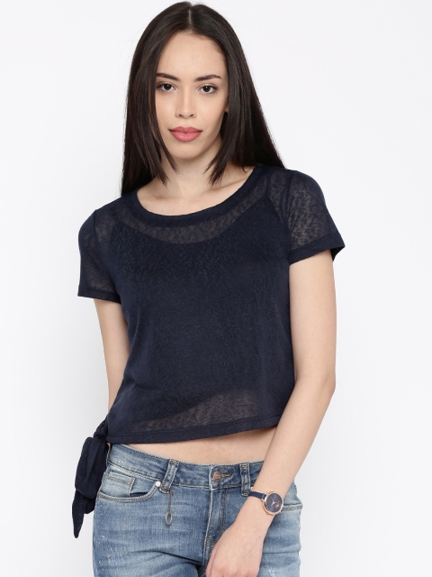 

ONLY Women Navy Solid Crop Top, Navy blue
