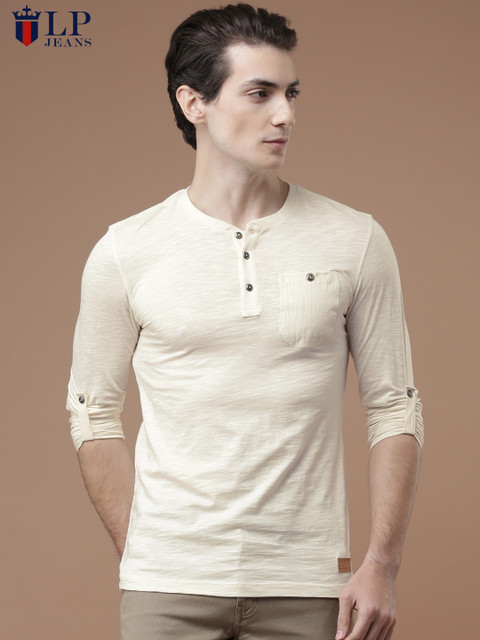 

Louis Philippe Jeans Men Cream-Coloured Solid Henley Neck T-shirt