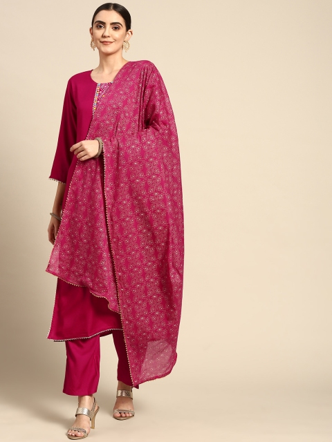 

Prakhya Women Pink Solid Thread Work Detail Kurta with Palazzos & With Dupatta