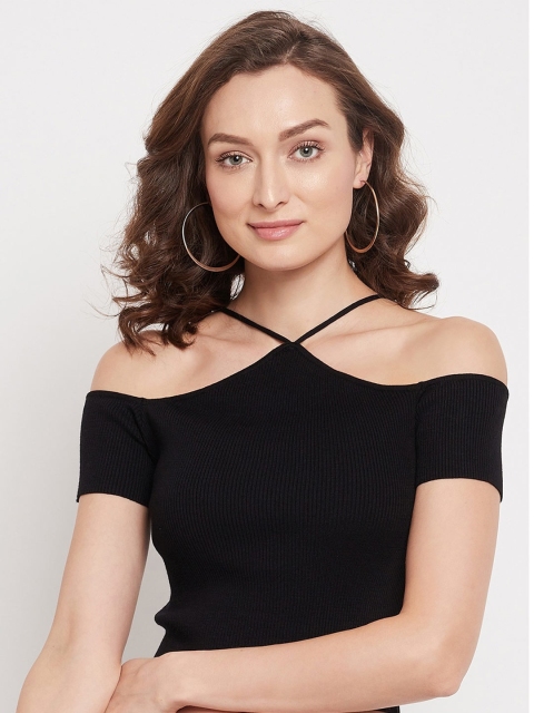 

Madame Black Striped Halter Neck Bardot Crop Top