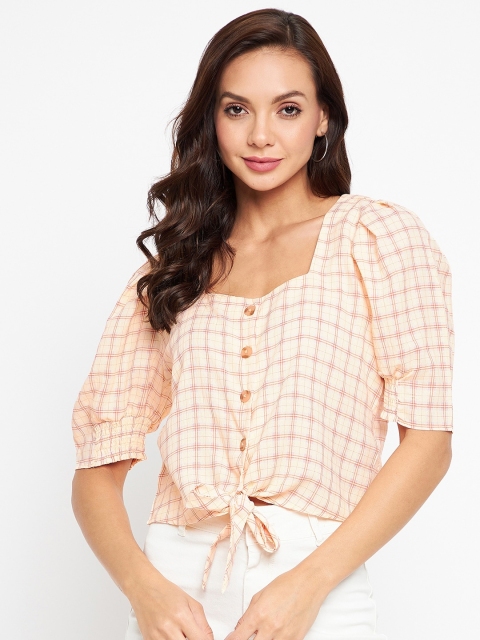 

Madame Peach-Coloured Checked Shirt Style Crop Top