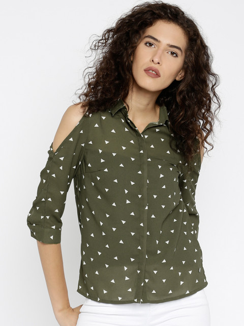

ONLY Women Olive Green & Off-White Printed Shirt