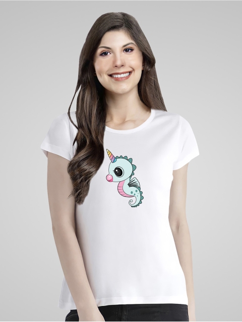 

Pootlu Women White Printed Extended Sleeves Applique T-shirt