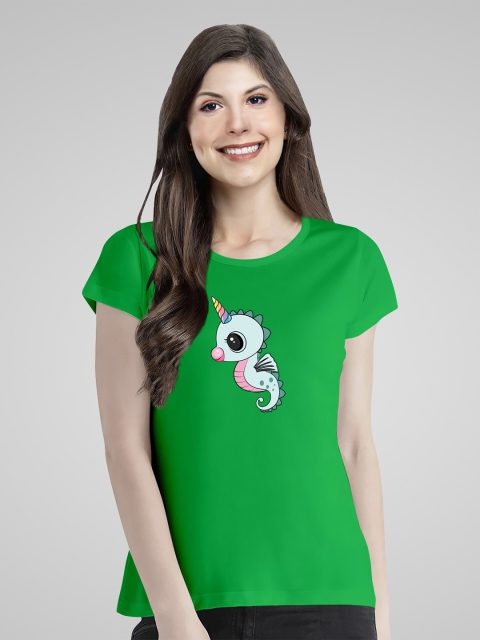 

Pootlu Women Green Printed Extended Sleeves Applique T-shirt