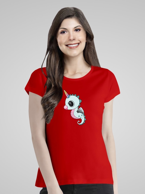 

Pootlu Women Red Printed Extended Sleeves Applique T-shirt