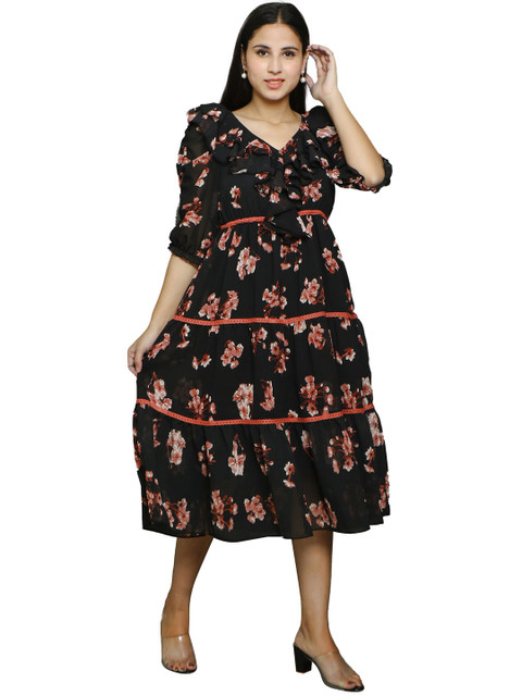 

CHARMGAL Black Floral Georgette Midi Dress