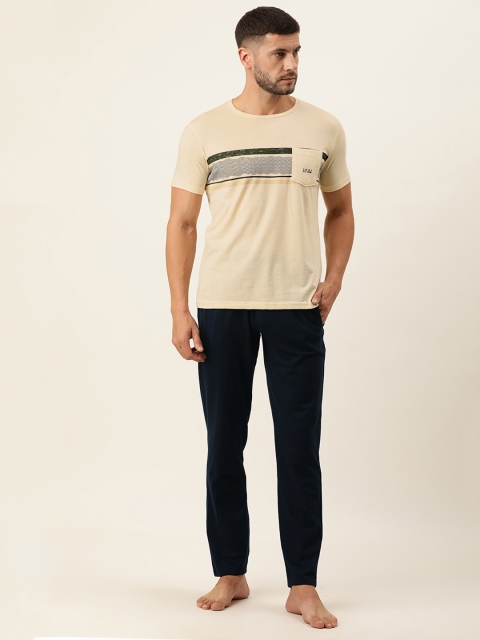 

Sweet Dreams Men Beige & Navy Blue Striped Night Suit