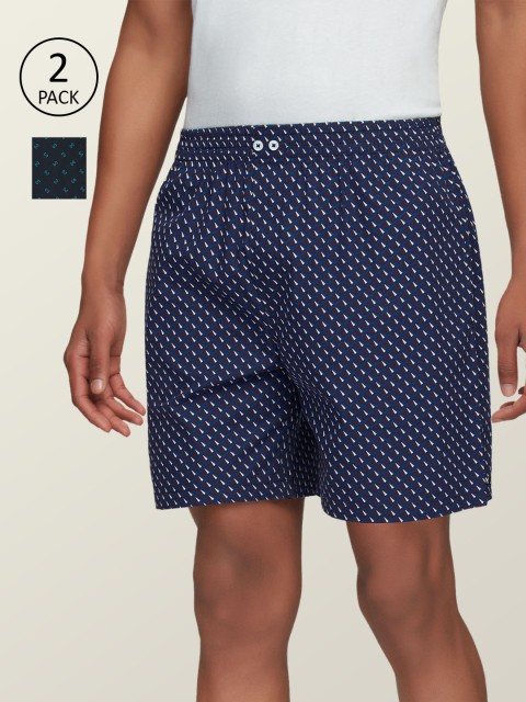 

XYXX Men Set Of 2 Blue & White Printed Super Combed Cotton Comfort Fit Lounge Shorts