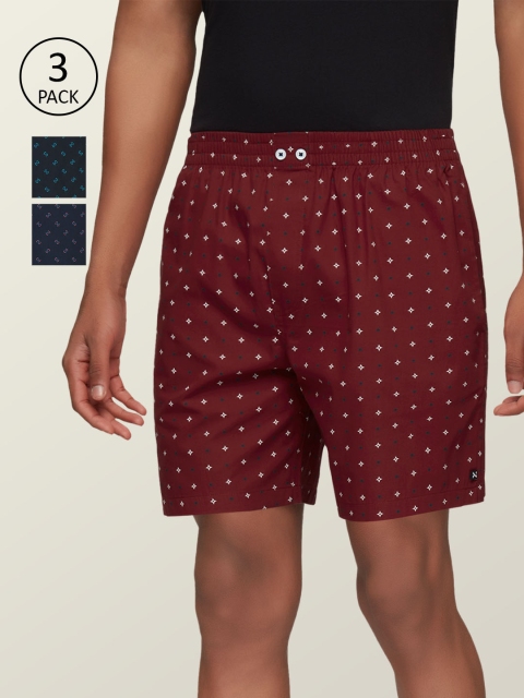 

XYXX Men Pack Of 3 Maroon & Navy Blue Printed Comfort Fit Super Combed Cotton Astor Lounge Shorts