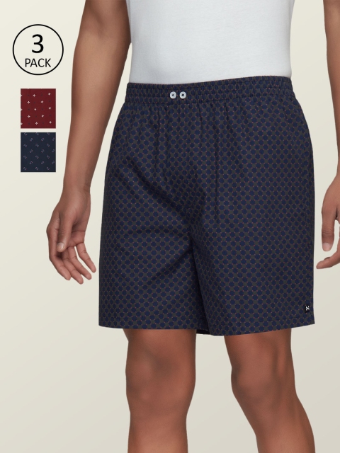 

XYXX Men Pack of 3 Navy Blue & Maroon Printed Comfort Fit Super Combed Cotton Astor Lounge Shorts