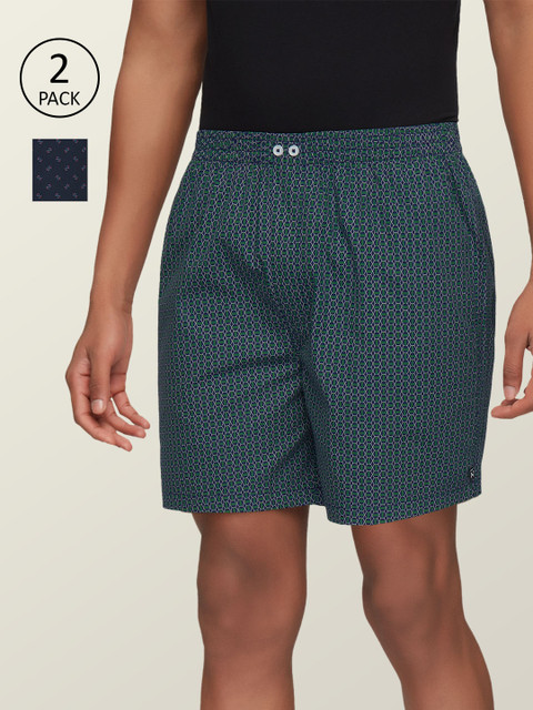 

XYXX Men Set Of 2 Blue & Green Printed Super Combed Cotton Comfort Fit Astor Lounge Shorts