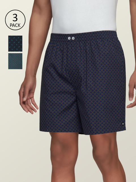 

XYXX Men Pack Of 3 Green & Blue Printed Comfort Fit Super Combed Cotton Astor Lounge Shorts