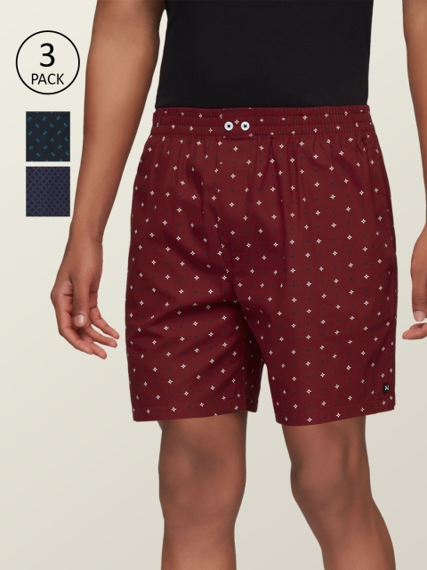 

XYXX Men Pack of 3 Printed Super Combed Cotton Comfort Fit Astor Lounge Shorts, Maroon