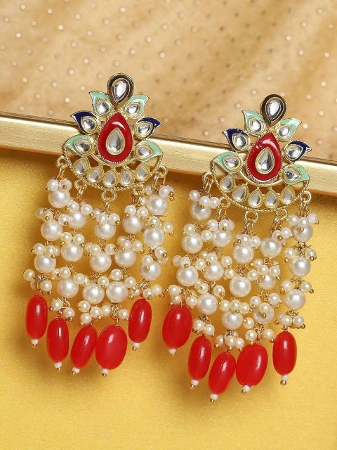 

OOMPH Gold-Toned & Red Meenakari Pearls Tasselled Classic Drop Earrings