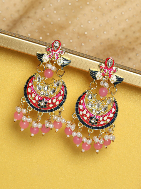 

OOMPH Gold-Toned & Pink Peacock Shaped Chandbalis Earrings
