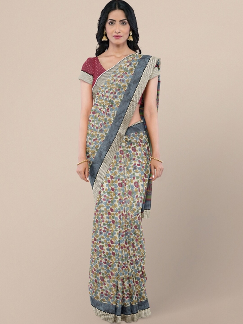 

KALINI Cream-Coloured & Blue Kalamkari Art Silk Bhagalpuri Saree