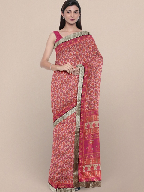 

KALINI Pink & Orange Kalamkari Art Silk Bhagalpuri Saree