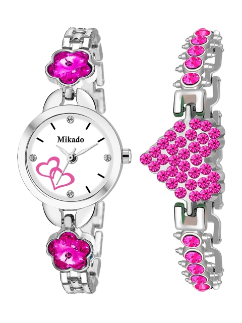 

Mikado Women Pink Brass Printed Dial & Silver Toned Stainless Steel Bracelet Style Straps Analogue Watch