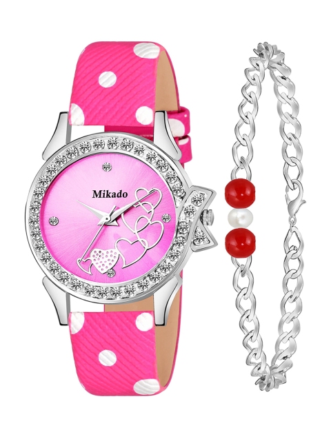 

Mikado Women Pink Brass Embellished Dial & Pink Leather Wrap Around Straps Analogue Watch PinkGem