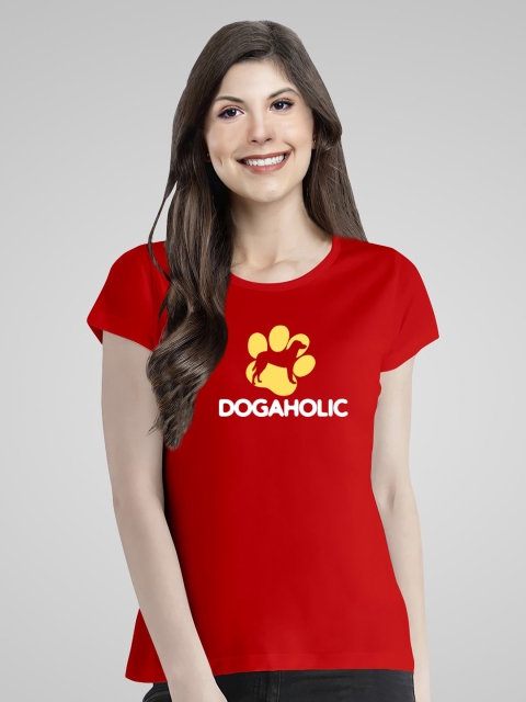 

Pootlu Women Red Typography Printed Extended Sleeves T-shirt