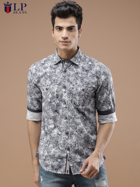 

Louis Philippe Jeans Navy & White Printed Union Slim Fit Casual Shirt, Navy blue