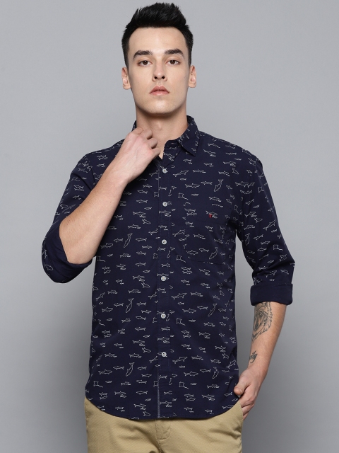 

Louis Philippe Jeans Men Navy Blue & White Slim Fit Printed Casual Shirt