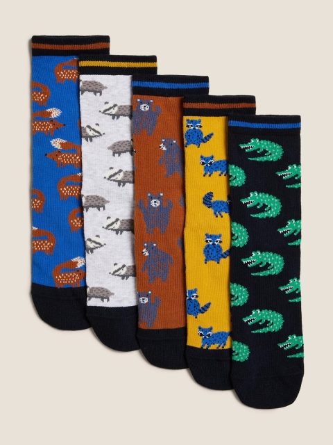 

Marks & Spencer Kids Pack Of 5 Assorted Cotton Calf-Length Socks