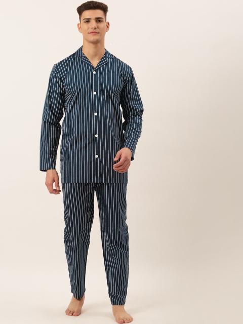 

JAINISH Men Navy Blue & White Striped Night suit