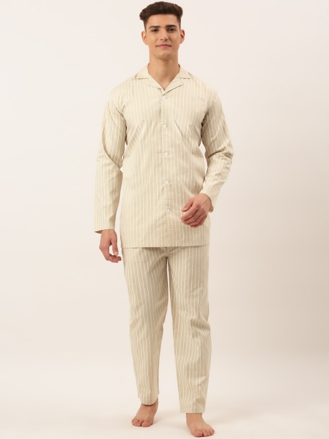 

JAINISH Men Cream-Coloured & White Striped Night suit