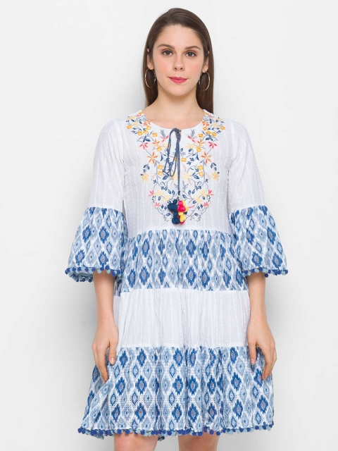 

ZOLA Blue & White Floral Tie-Up Neck Dress