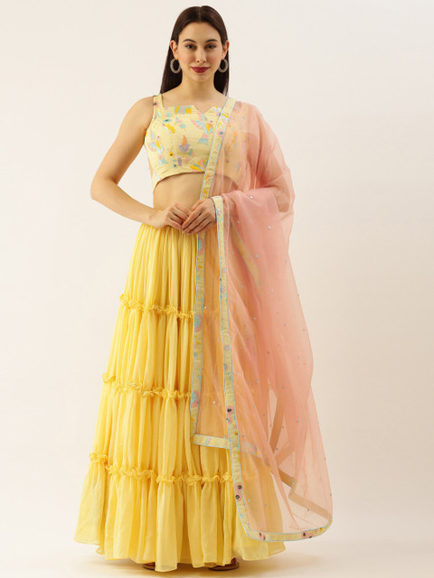 

panchhi Yellow Embroidered Sequinned Semi-stitched Lehenga & Unstitched Blouse & Dupatta