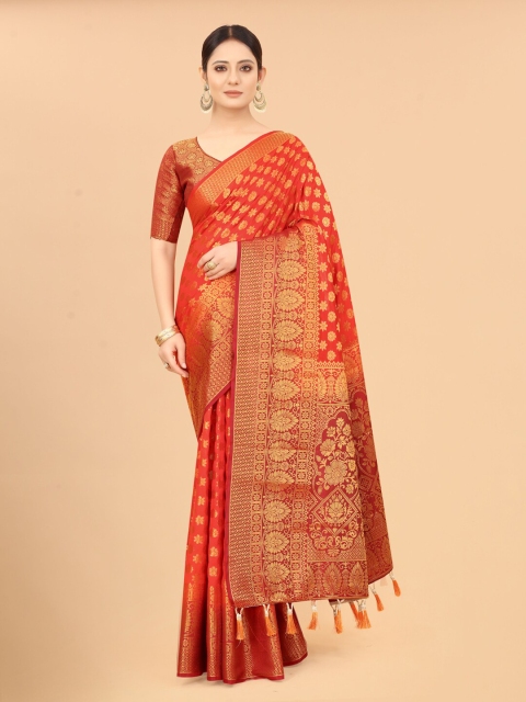 

FINE WEAR Red & Gold-Toned Woven Design Zari Silk Cotton Banarasi Saree