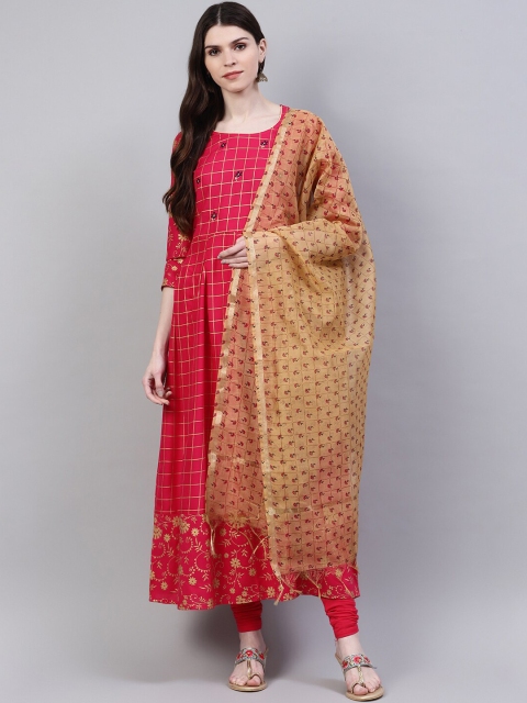 

Stylum Women Pink Checked Thread Work Anarkali Kurta