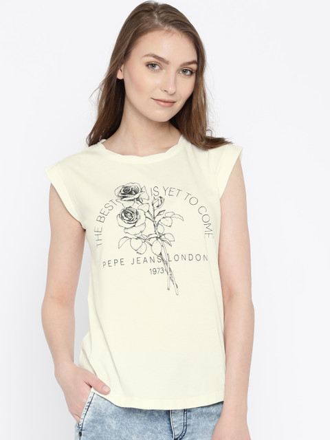 

Pepe Jeans Women Off-White Printed Round Neck T-shirt