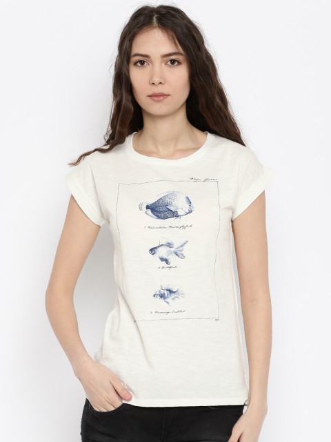 

Pepe Jeans Women Off-white Printed Round Neck T-shirt