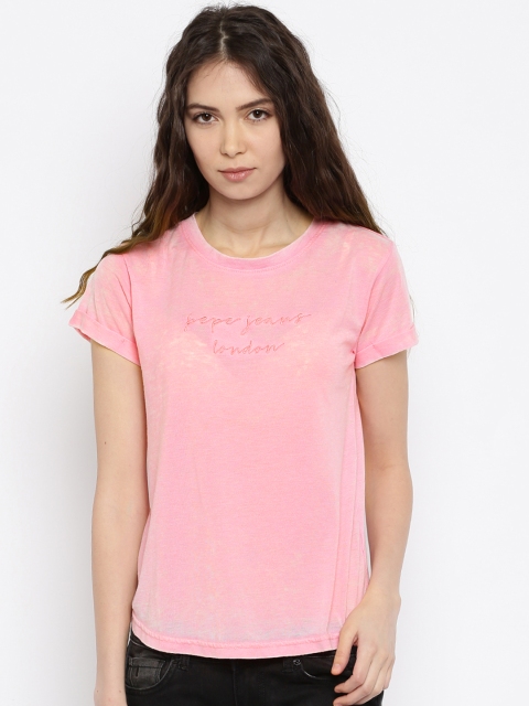 

Pepe Jeans Women Pink Self-Design Round Neck T-shirt