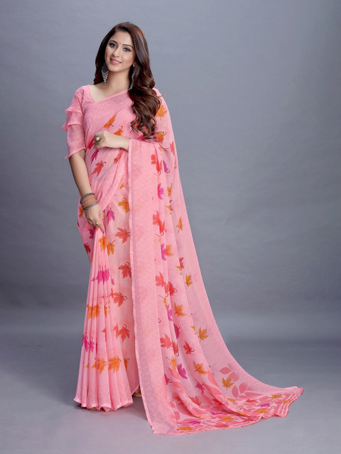 

PERFECTBLUE Peach-Coloured & Orange Floral Saree