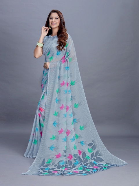 

PERFECTBLUE Grey & Green Floral Saree