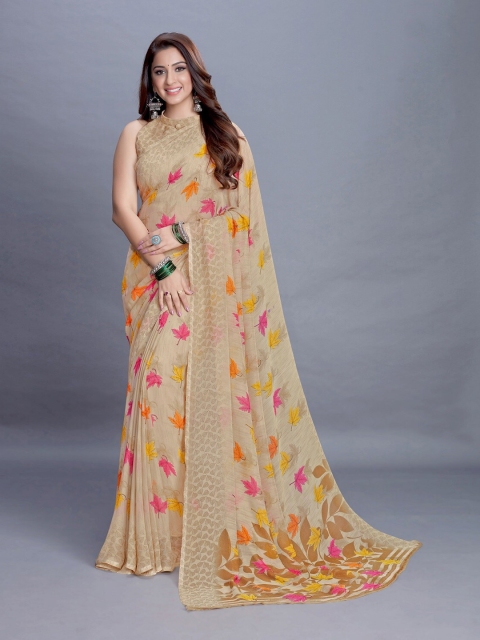 

PERFECTBLUE Cream-Coloured & Pink Floral Saree