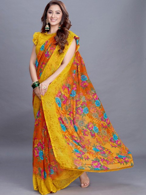

PERFECTBLUE Orange & Blue Floral Saree