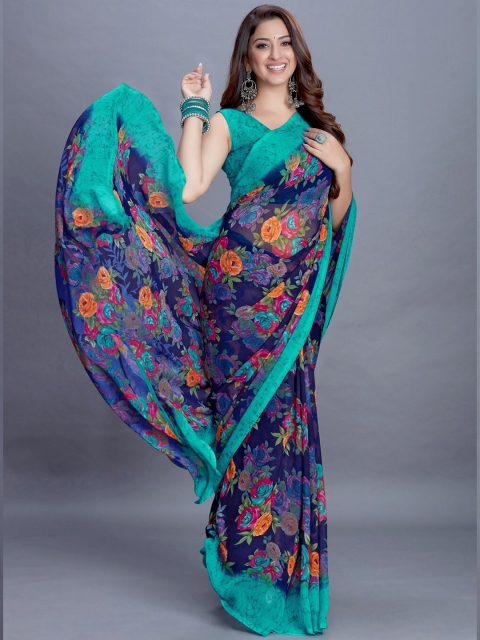 

PERFECTBLUE Blue & Orange Floral Saree