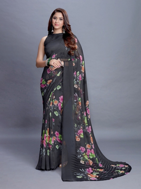 

PERFECTBLUE Black & Pink Floral Saree