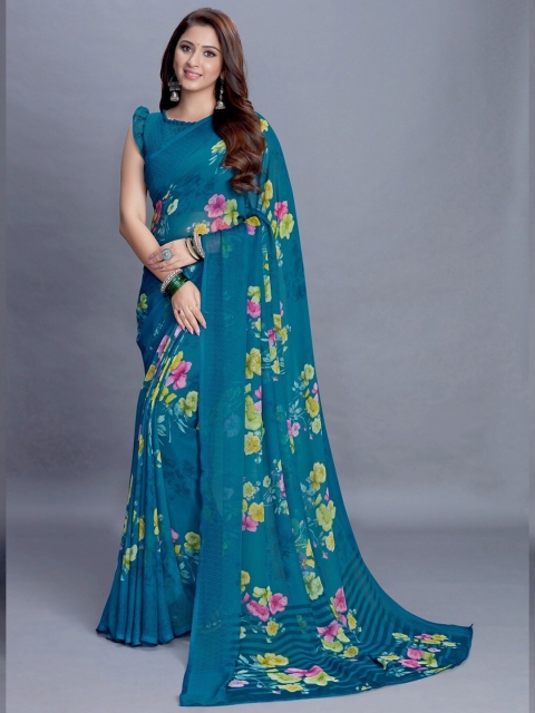 

PERFECTBLUE Teal Blue & Pink Floral Saree