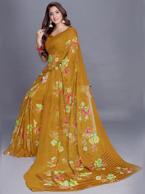 

PERFECTBLUE Mustard Yellow & Green Floral Saree