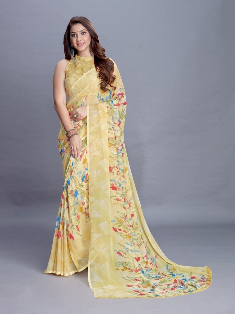

PERFECTBLUE Mustard Yellow & Blue Floral Saree
