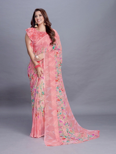 

PERFECTBLUE Peach-Coloured & Green Floral Saree